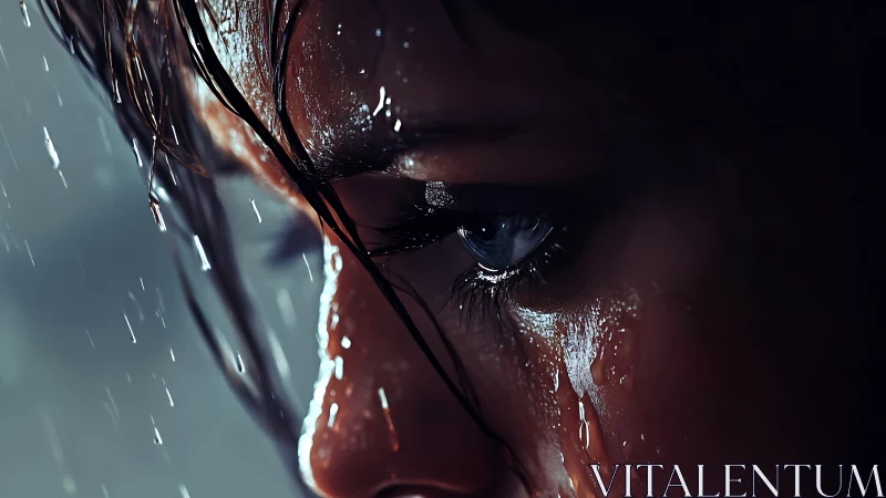 Rain-soaked resolve glinting in a storm-litten human eye.