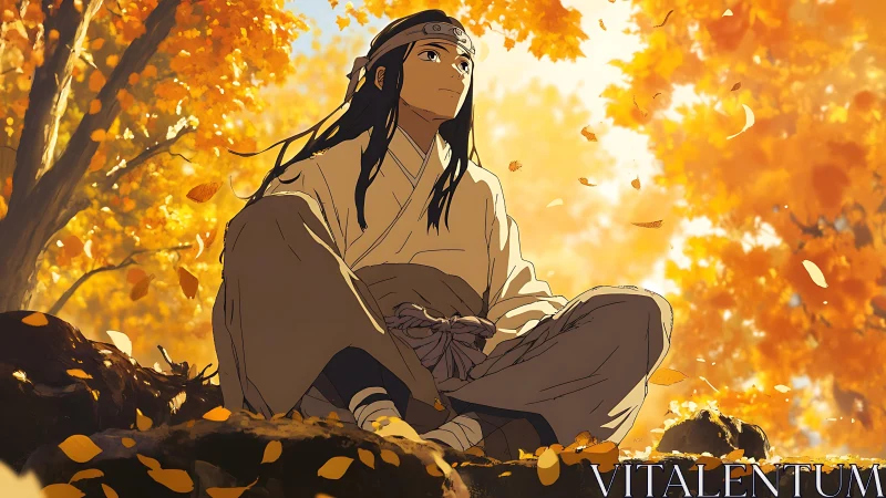 Seated figure observes autumn foliage in stylized forest setting