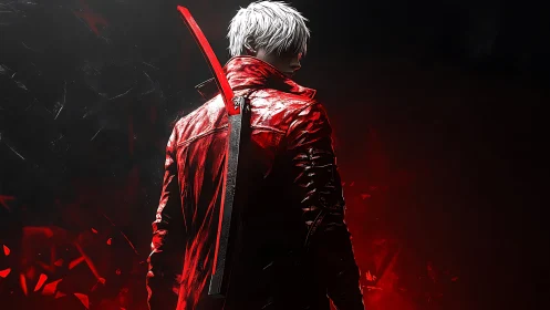 White haired swordsman dominates blazing red shadows.