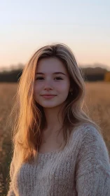 Golden hour meadow muse in soft sweatered serenity.