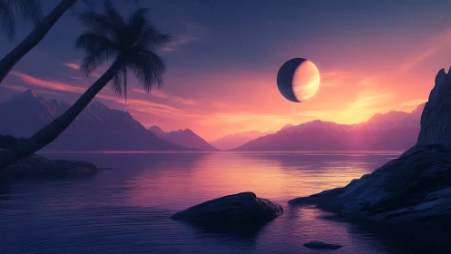 Bicolor crescent planet over neon-lit tropical fjord at dusk.