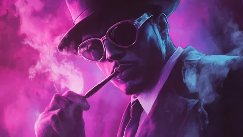 Neon-lit noir smoker in magenta vapor haze portrait