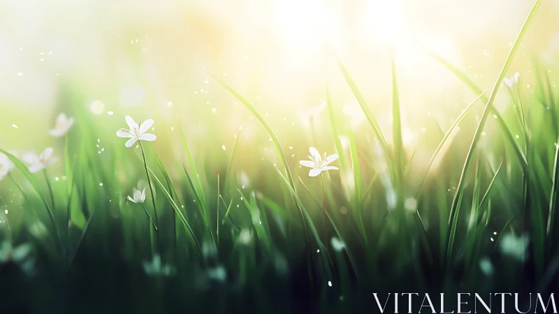 Soft sunrise light washes dewy grass and small white flowers