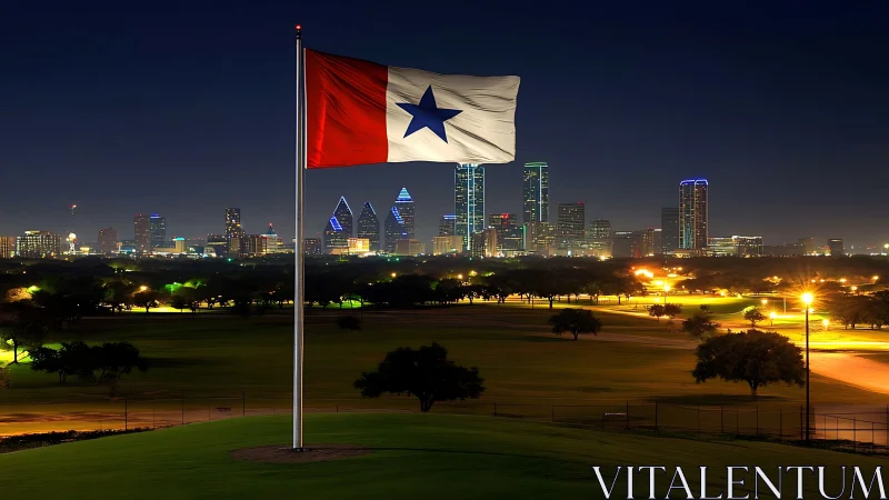 Lone star flag over illuminated modern city skyline at night.