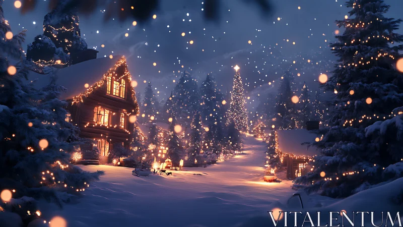 Snow-covered chalet village glows with warm festive illumination