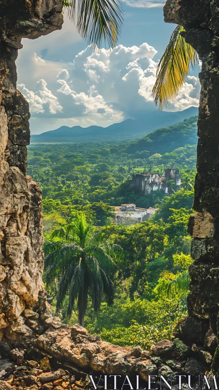 Tropical valley landscape framed by weathered stone ruins.