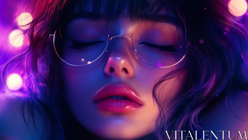 Neon glow caresses a serene girl lost in quiet dreams
