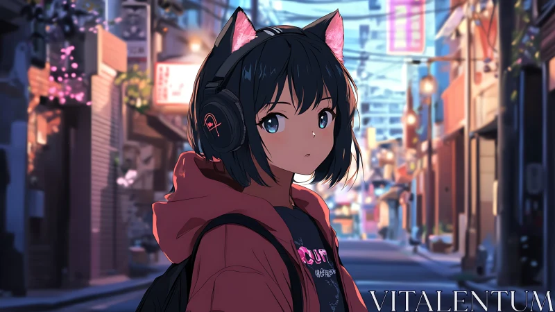 Cat-eared girl with headphones in evening city street.