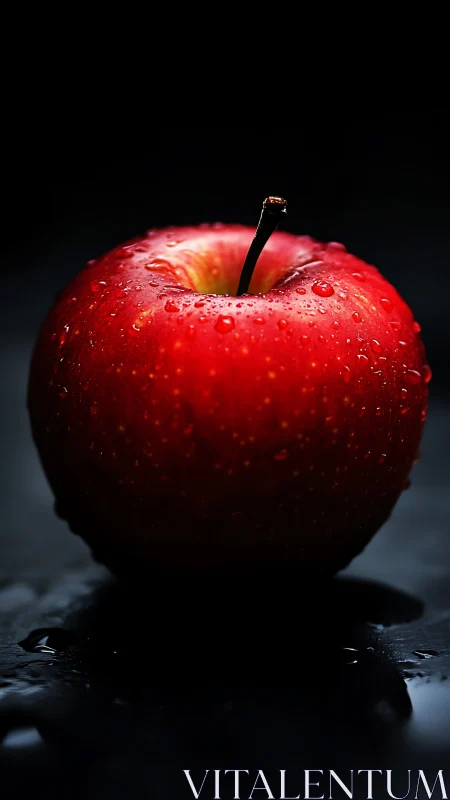 High-contrast macro study of wet red apple on black ground.