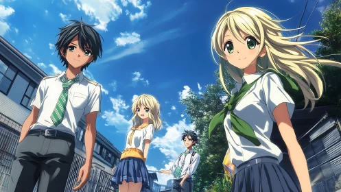 Summer high school friends under vibrant blue sky perspective