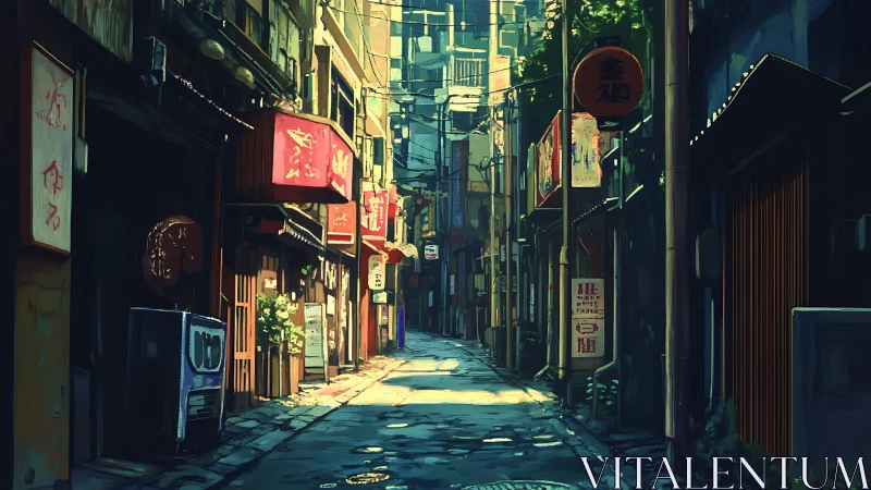 Quiet sunlit Japanese alley with shops and signage.
