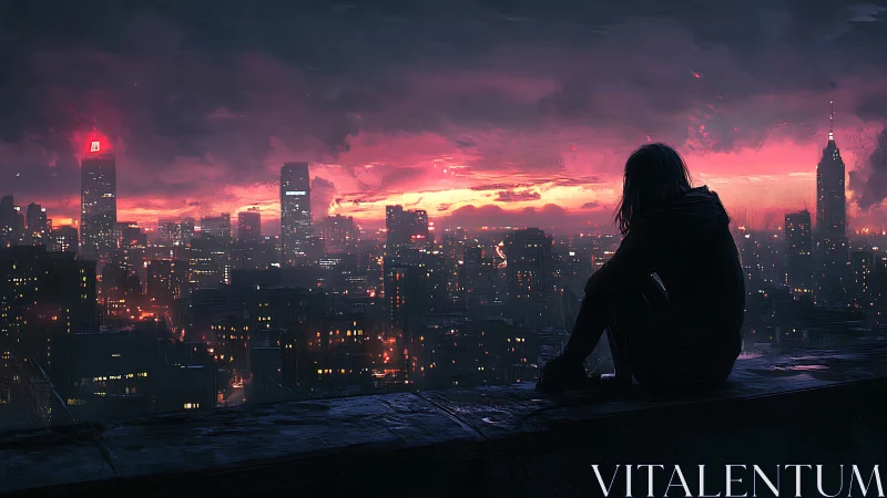 Solitary figure surveys neon city at stormy crimson dusk