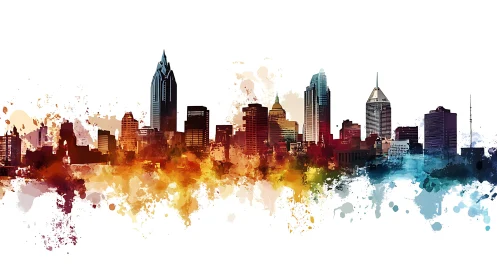 Color-splashed city skyline silhouette dissolves into vivid paint