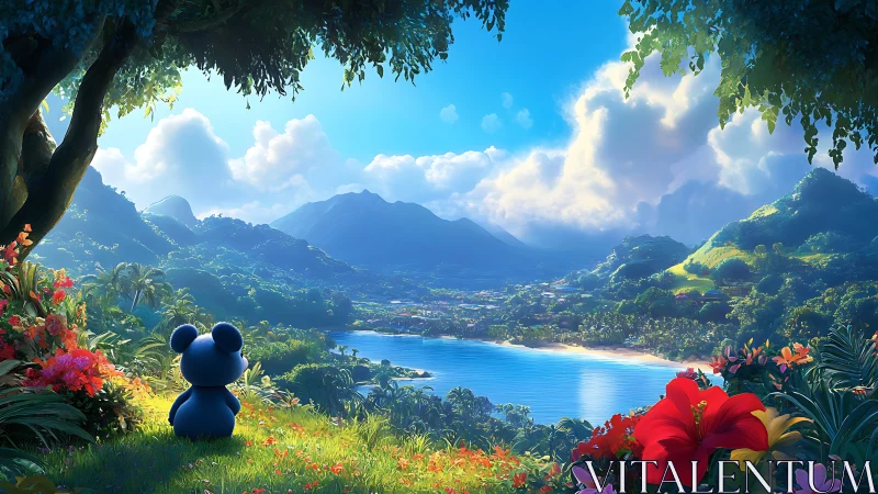 Blue bear silhouette observes sunlit tropical bay panorama