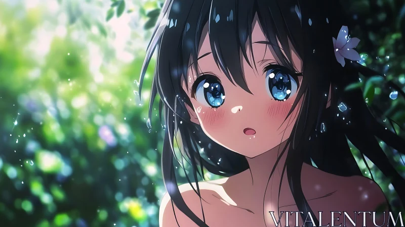 Dark haired anime girl outdoors with water droplets present.