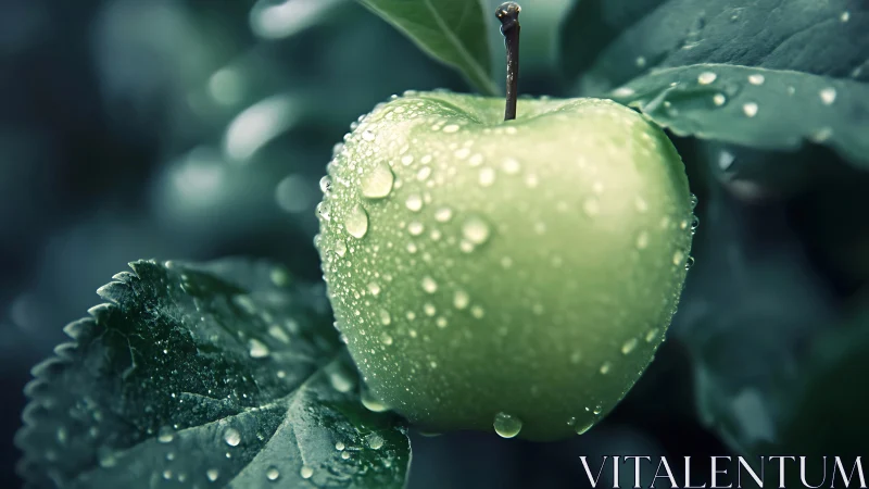 Dew kissed green apple glowing softly among garden leaves.