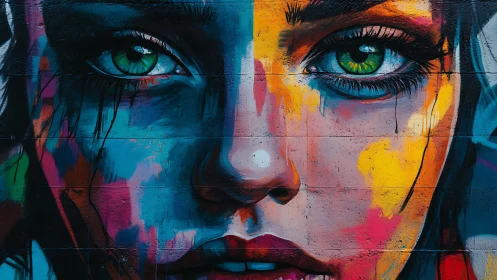 Multicolored female face mural on exterior concrete wall.