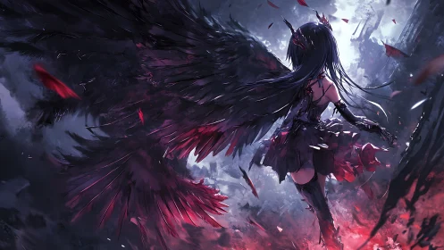 Midnight-winged demon princess unspools stormlit crimson feathers