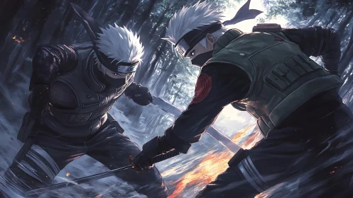 Intense masked warriors clash in a glowing forest duel.