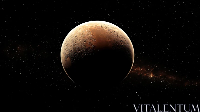 Rust-red planet drifting alone in a velvet starfield night.