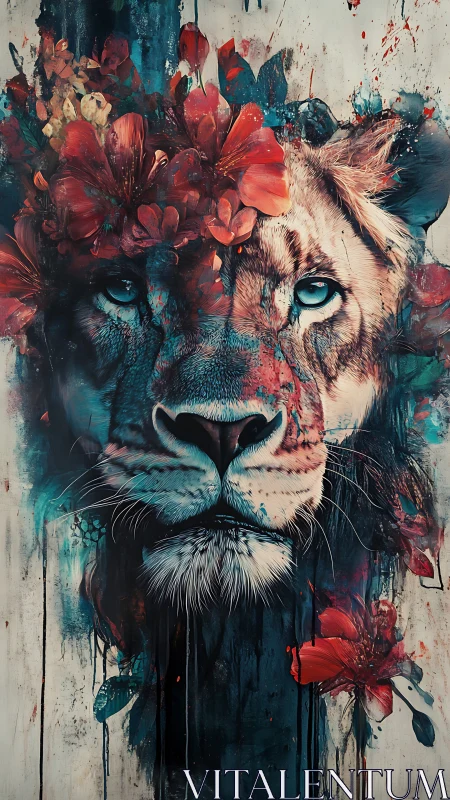 Gentle lion heart framed by blooming, dreamlike flowers.