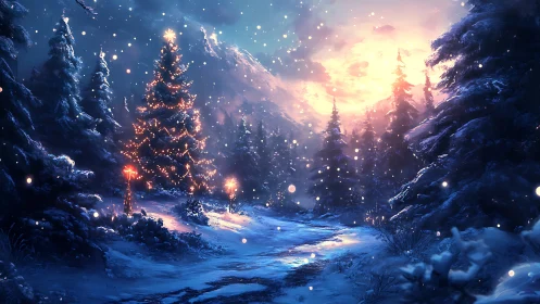 Snowy forest path with glowing Christmas tree at dusk.