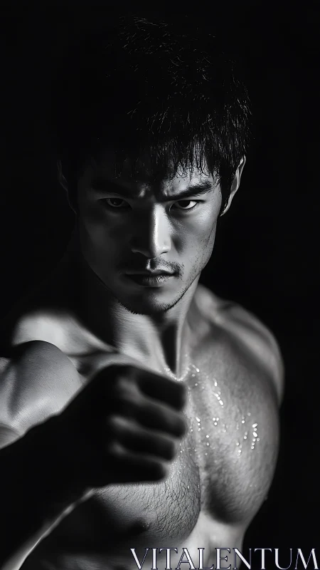 Male fighter extends fist in low-key monochrome lighting