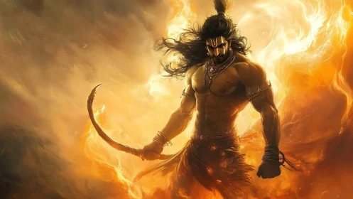 Mythic warrior in swirling flames holding curved weapon.