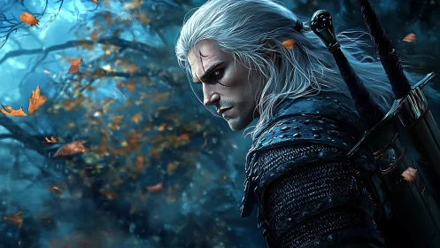 White-haired monster hunter stalks through whispering blue woods.