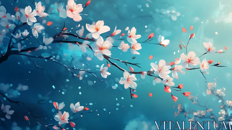 Delicate Cherry Blossoms Dance Across a Serene Turquoise Sky