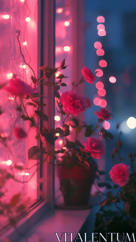 Neon Pink Roses at Window with Bokeh Lights.