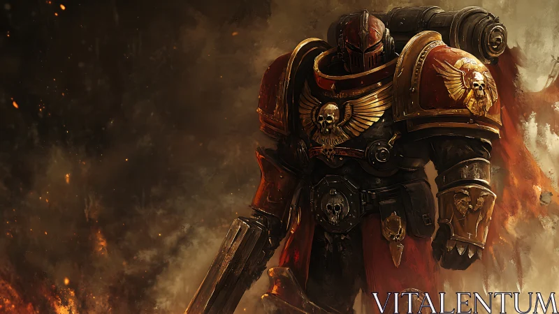 Armored war soldier strides through embers in dramatic digital art