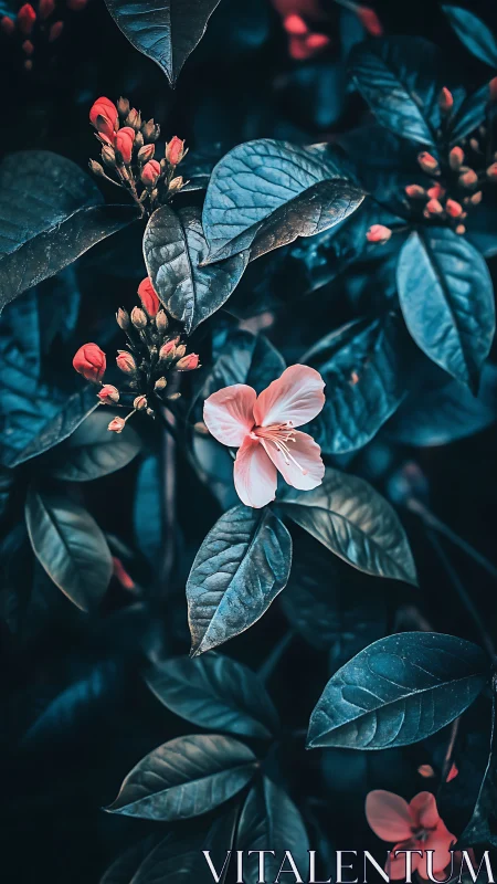 Pink flowers with blue-green foliage in botanical macro photography.