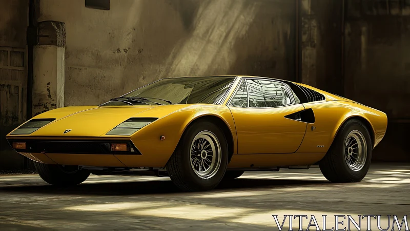 Yellow wedge-profile classic supercar in industrial warehouse