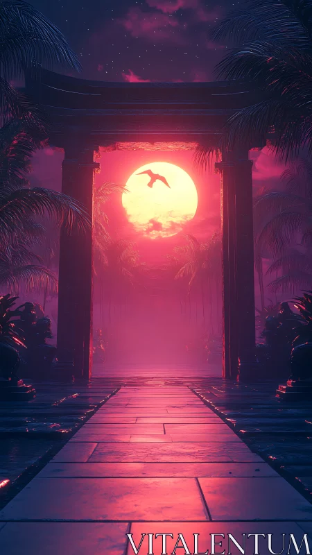 Neon moonrise beyond torii gate in tropical dusk corridor.