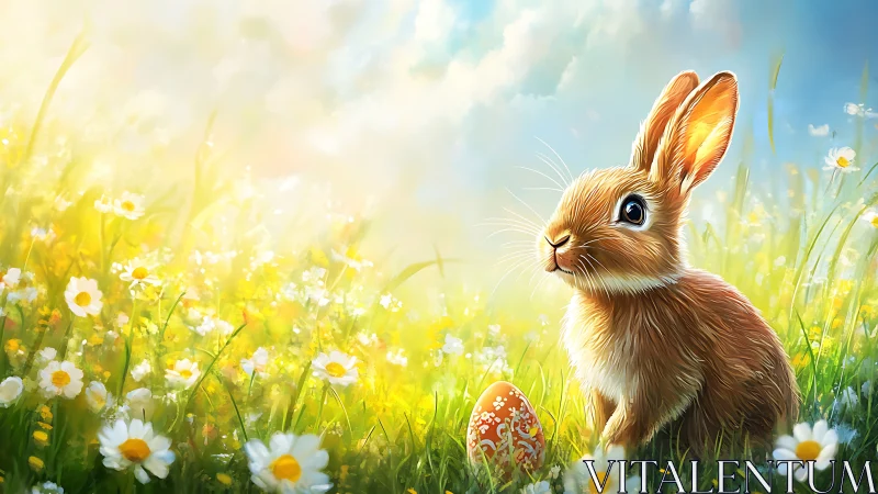 Easter meadow rabbit beside painted egg in spring sunlight.