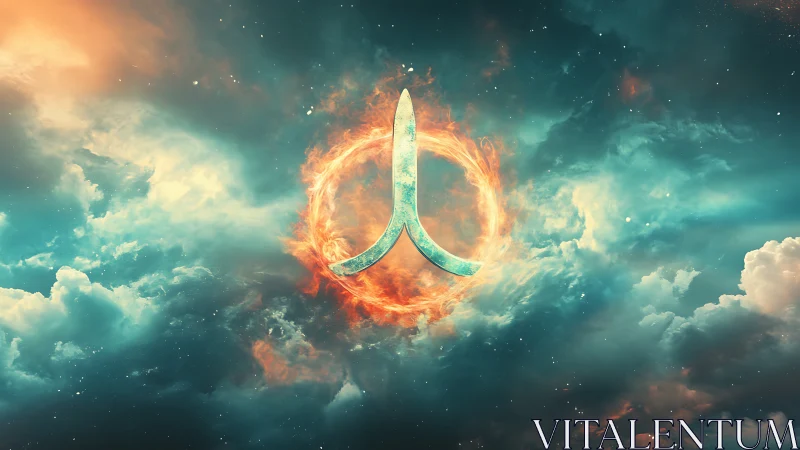 Celestial turquoise sigil suspended in fiery cosmic ring.