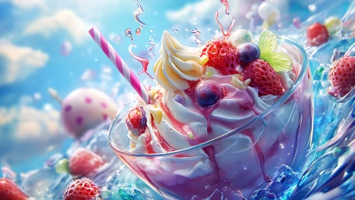 Vibrant fruit sundae swirling in luminous blue splash.