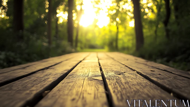Wooden pathway in sunlit forest, shallow depth of field photograph.