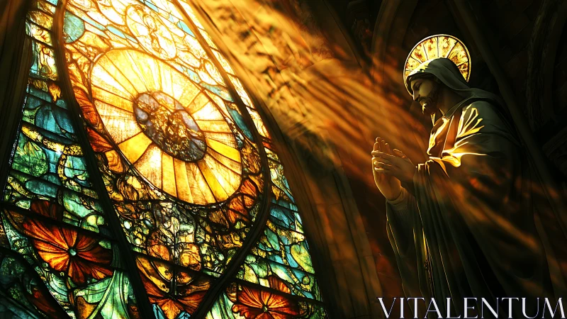 Sacred statue in prayer beside glowing stained glass.