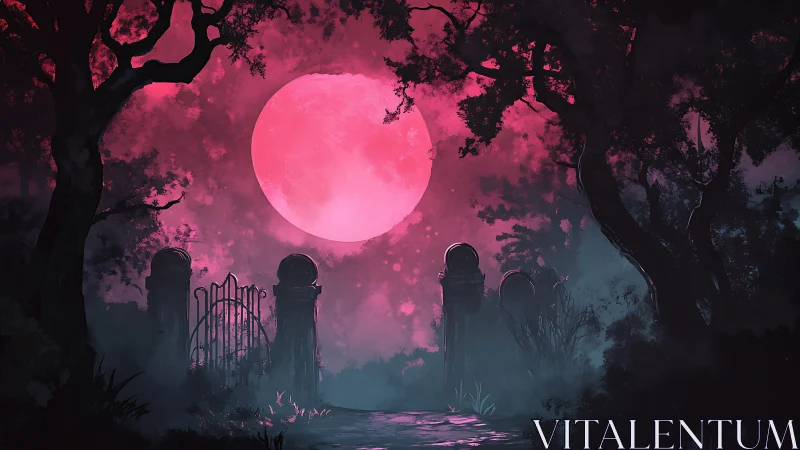 Blood-red supermoon illuminates misty Gothic graveyard gate