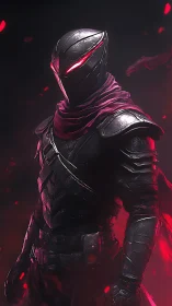 Armored cyber ninja stands in crimson ember storm