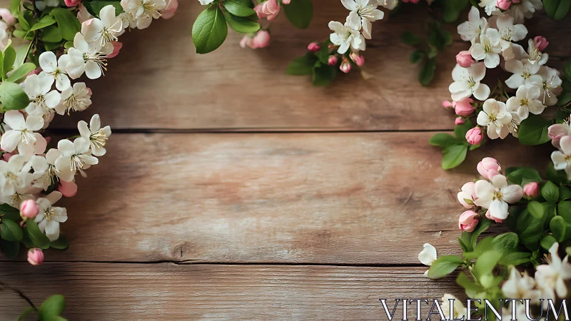 Delicate White Blossoms Frame Rustic Wood Surface.