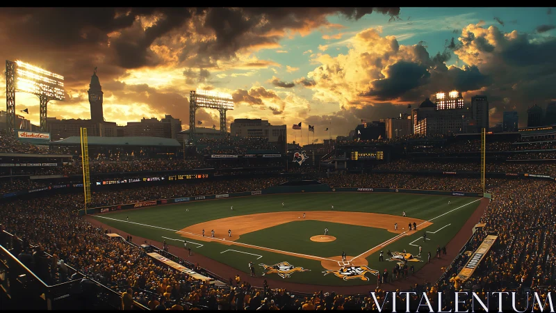 Sunset baseball stadium under high-intensity floodlights and dense crowd