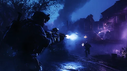 Night combat squad advancing through ruined city street.
