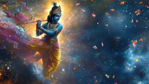 Celestial flute player drifts through glowing cosmic petals.