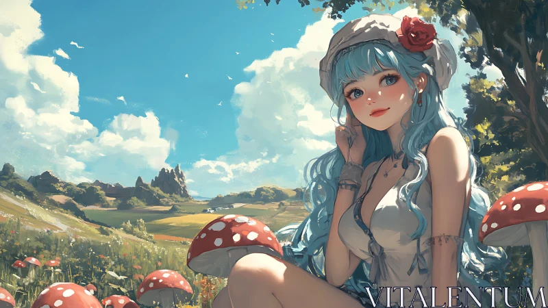 Blue-haired girl seated in rural meadow with red mushrooms.