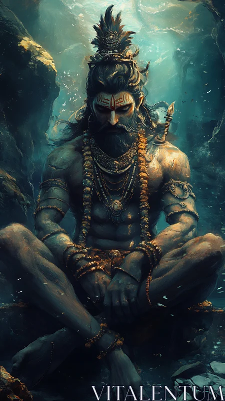 Mythic ascetic warrior in deep underwater meditation pose.