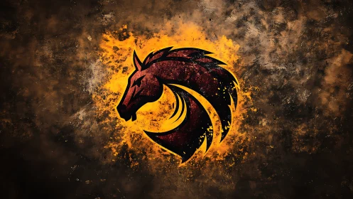 Fiery stylized horse emblem bursts from textured darkness