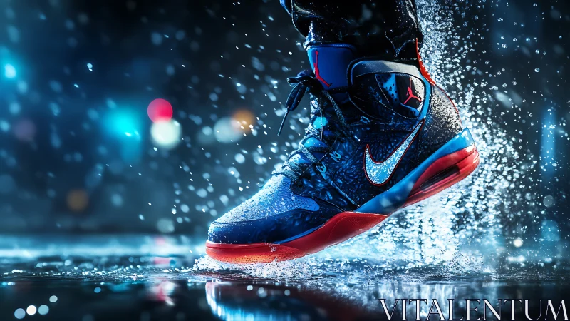 Dynamic sneaker splashes through neon city rain at night.